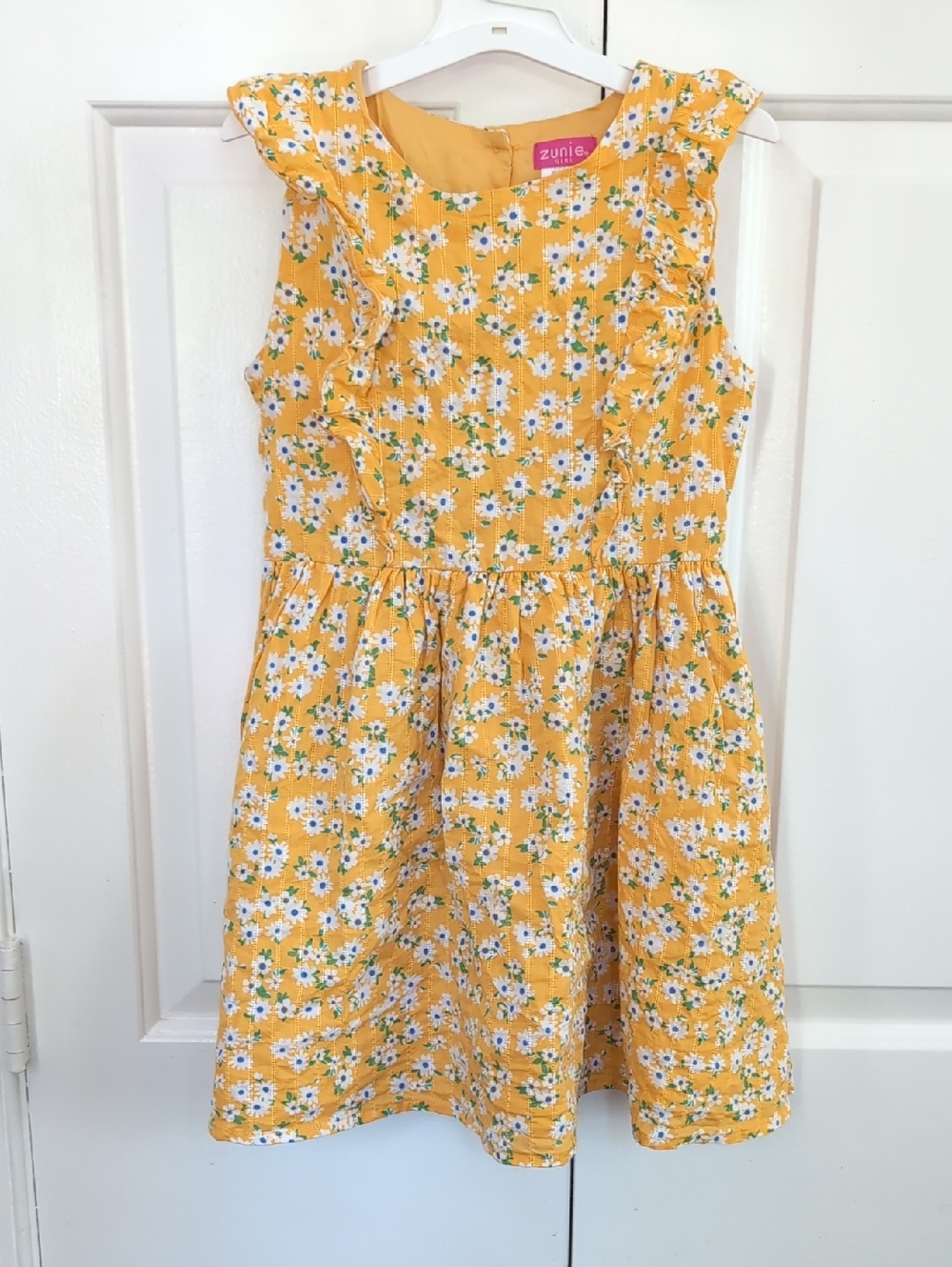 Zunie Yellow Daisy Print Ruffle Shoulder Dress - Girls Size Small (6/6X)